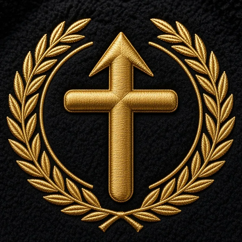 Gold arrow cross framed by a laurel wreath
