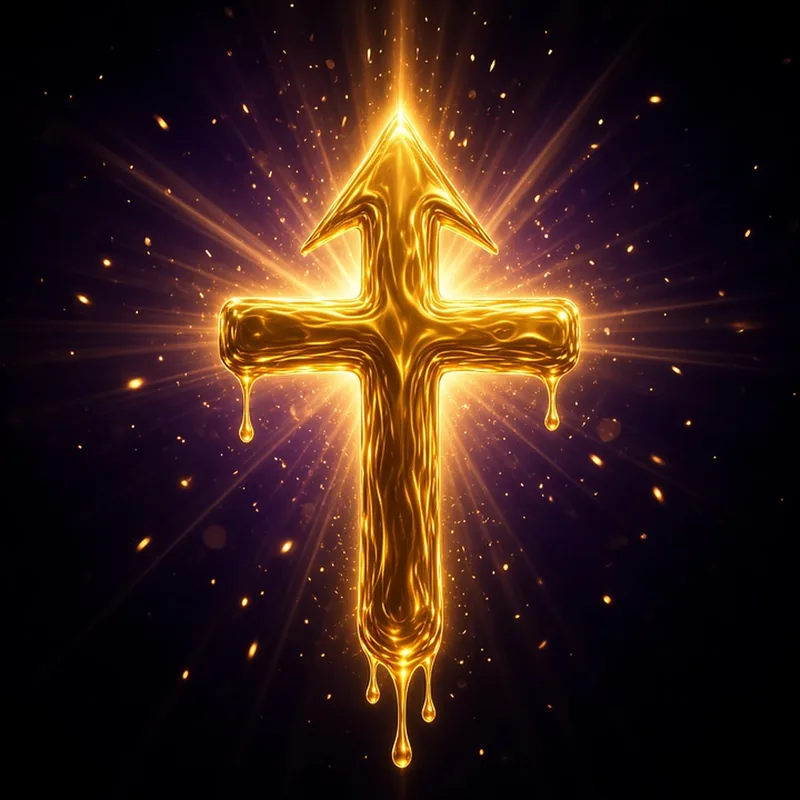 Glowing liquid-gold arrow cross, the Raised & Praised symbol